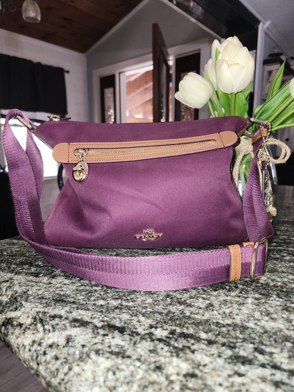 Coach Purple Crossbody Shoulder Bag with Tan Trim